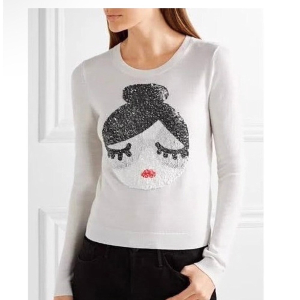 Alice + Olivia Sweater Womens White Stacey Face Sequin Wool Crew Neck C610711910